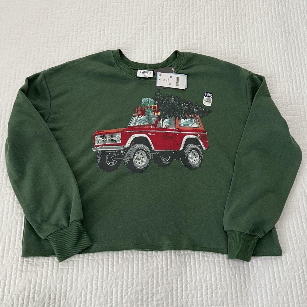 Ford Bronco Sweatshirt Size XS Christmas Holiday Green Cropped Graphic Crewneck